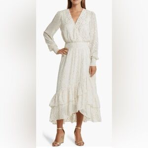 Lilly Pulitzer Cristiana Cream Gold Metallic Long-Sleeve Wrap Maxi Dress 4 EUC